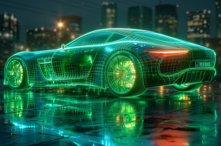 Rendering of green futuristic sports car in the city at night., a Transportation Photo by AS photostudio