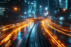 Night cityscape with blurred lights, a Photo by Pixeness Studio