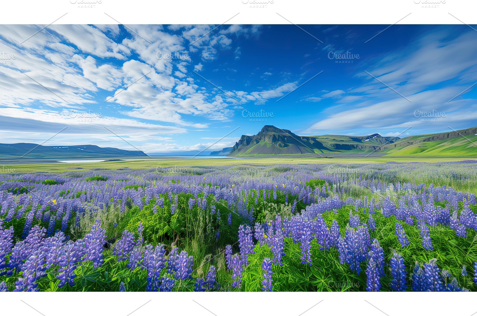 Lupine flower field under blue sky, a Nature Photo by Lermont51