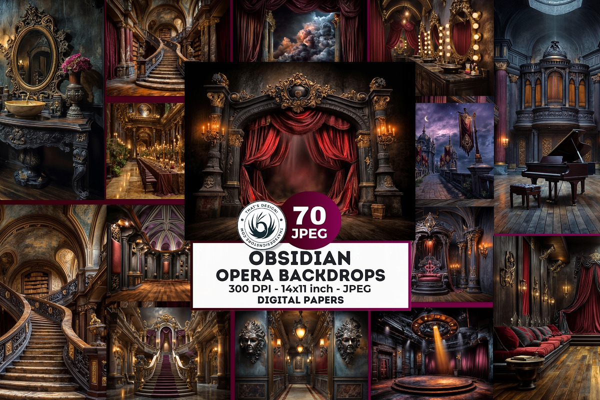Obsidian Opera Theater Digital Paper, a Decorative Illustration by ThatsDesignArt (Photo 1 of 16)