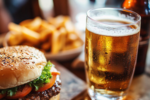 Glass of beer, burger and plate full, a Food & Drink Photo by MistyDay