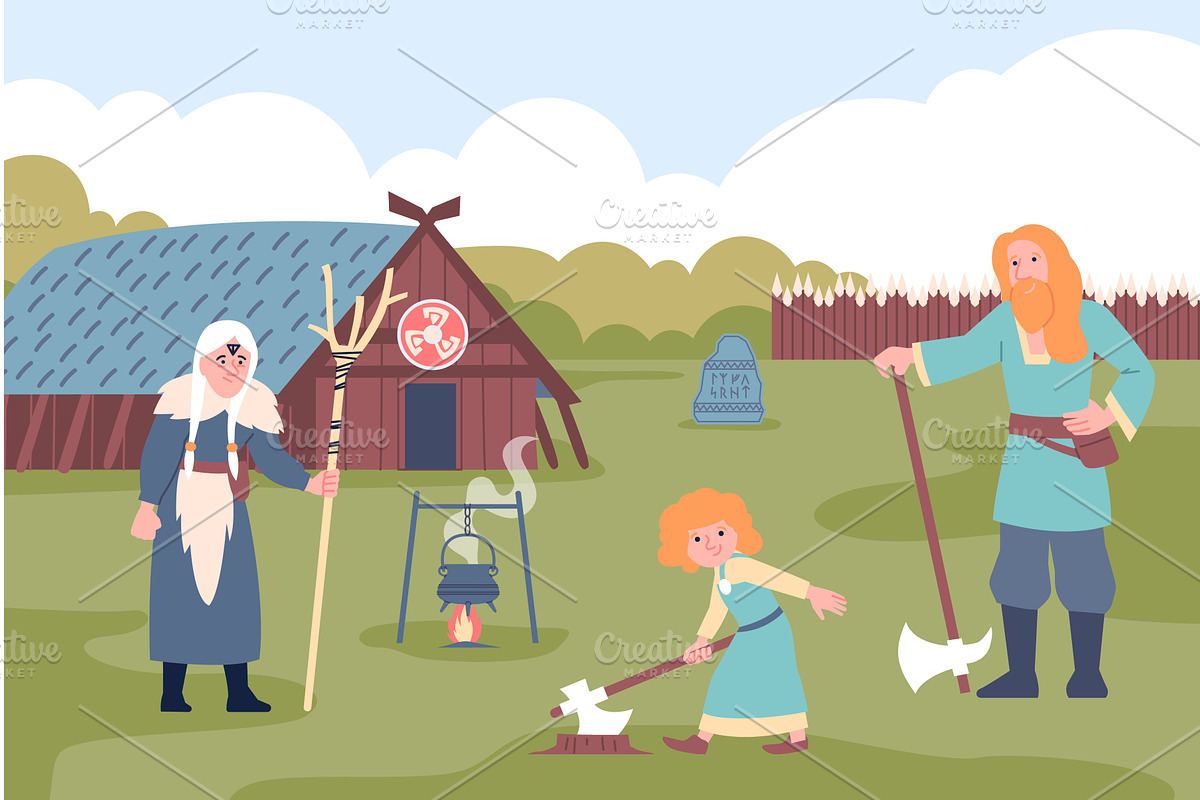 Viking life scene. Old woman, man, a Person Illustration by LadadikArt