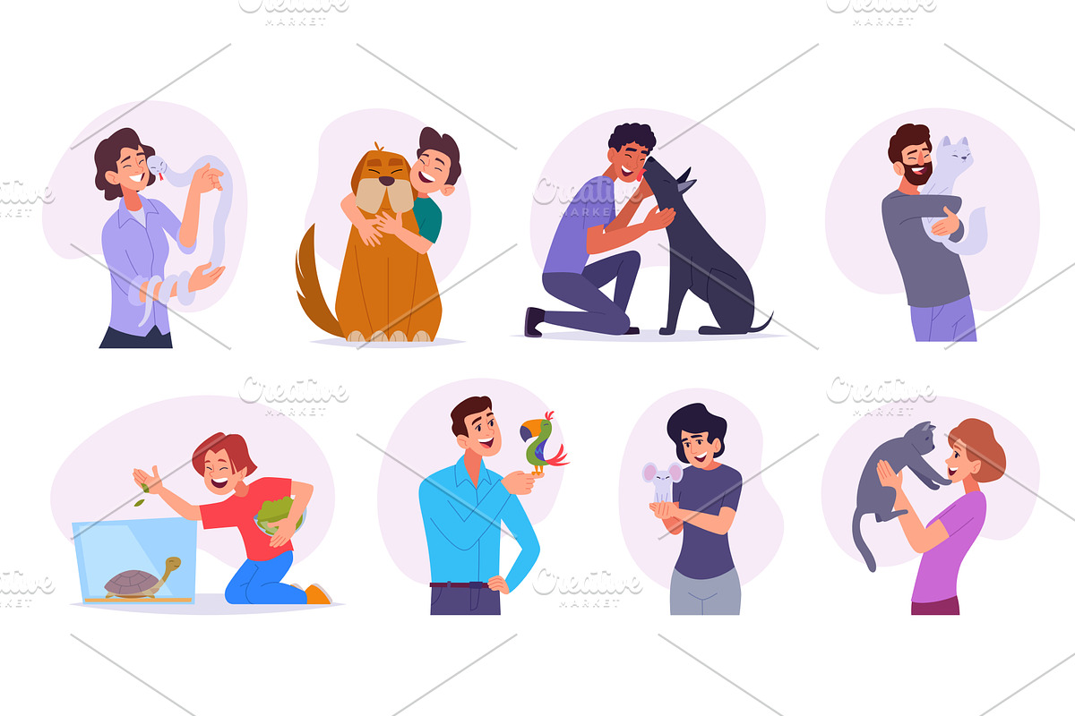 Dog owners. Happy animals cats and, an Animal Illustration by Onyx