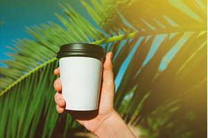 Hand holding blank coffee cup under, a Holiday Photo by Anna Efetova