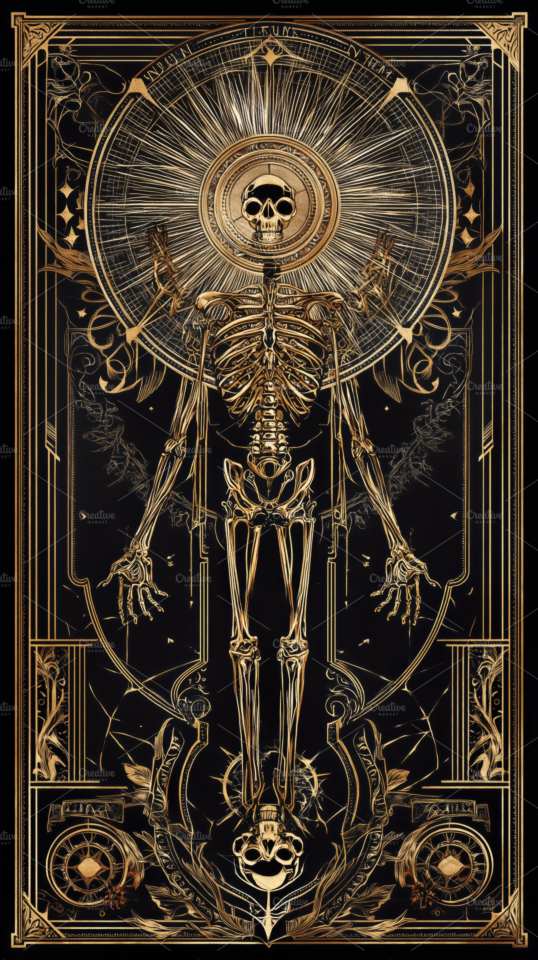 Intricate skeleton illustration with ornate gold detailing and a radiant halo o, an Arts & Entertainment Photo by Textures & Backgrounds