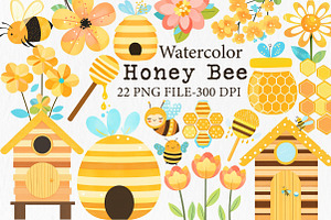 Honey Bee Watercolor Clipart, an Illustration by Libby Wishes