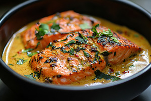 Tasty grilled salmon with spices on plate, a Food & Drink Photo by AlyaAnd