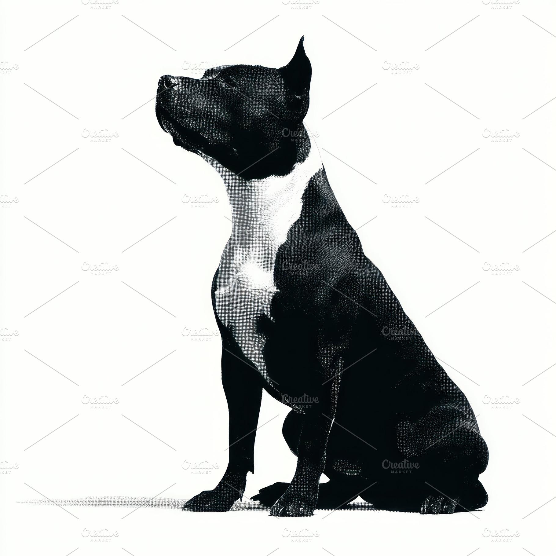 Black and white halftone illustration of a muscular dog sitting, an Animal Photo by José Manuel Gelpi