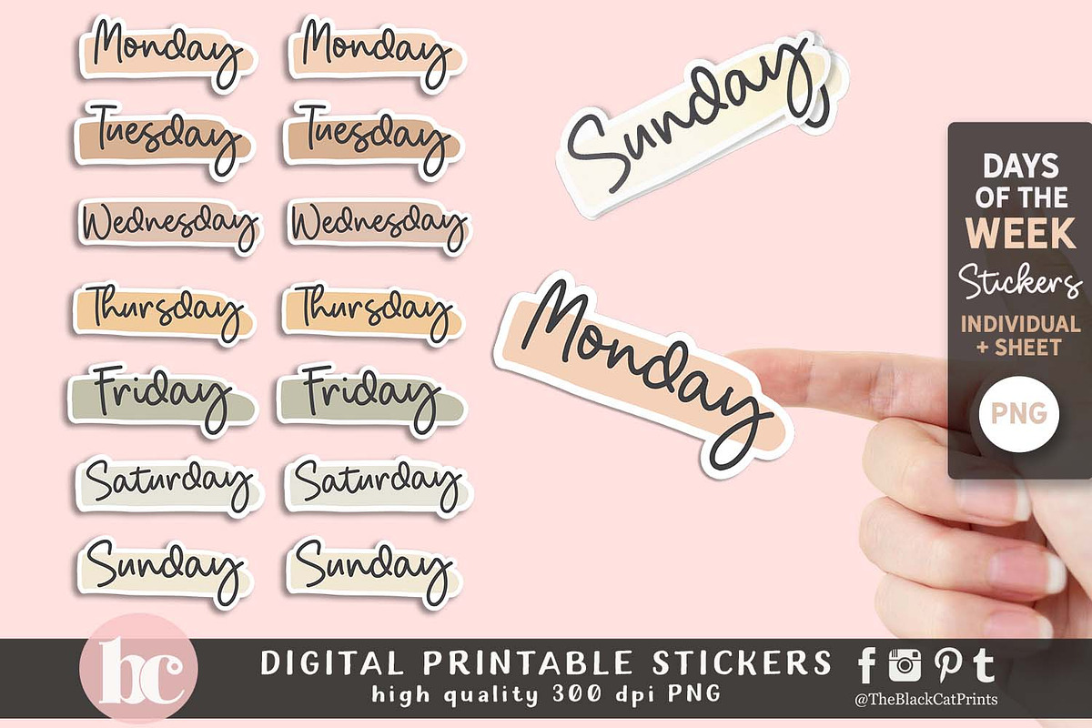 Days Of The Week Stickers PNG EPS, a Work Illustration by TheBlackCatPrints (Photo 1 of 3)