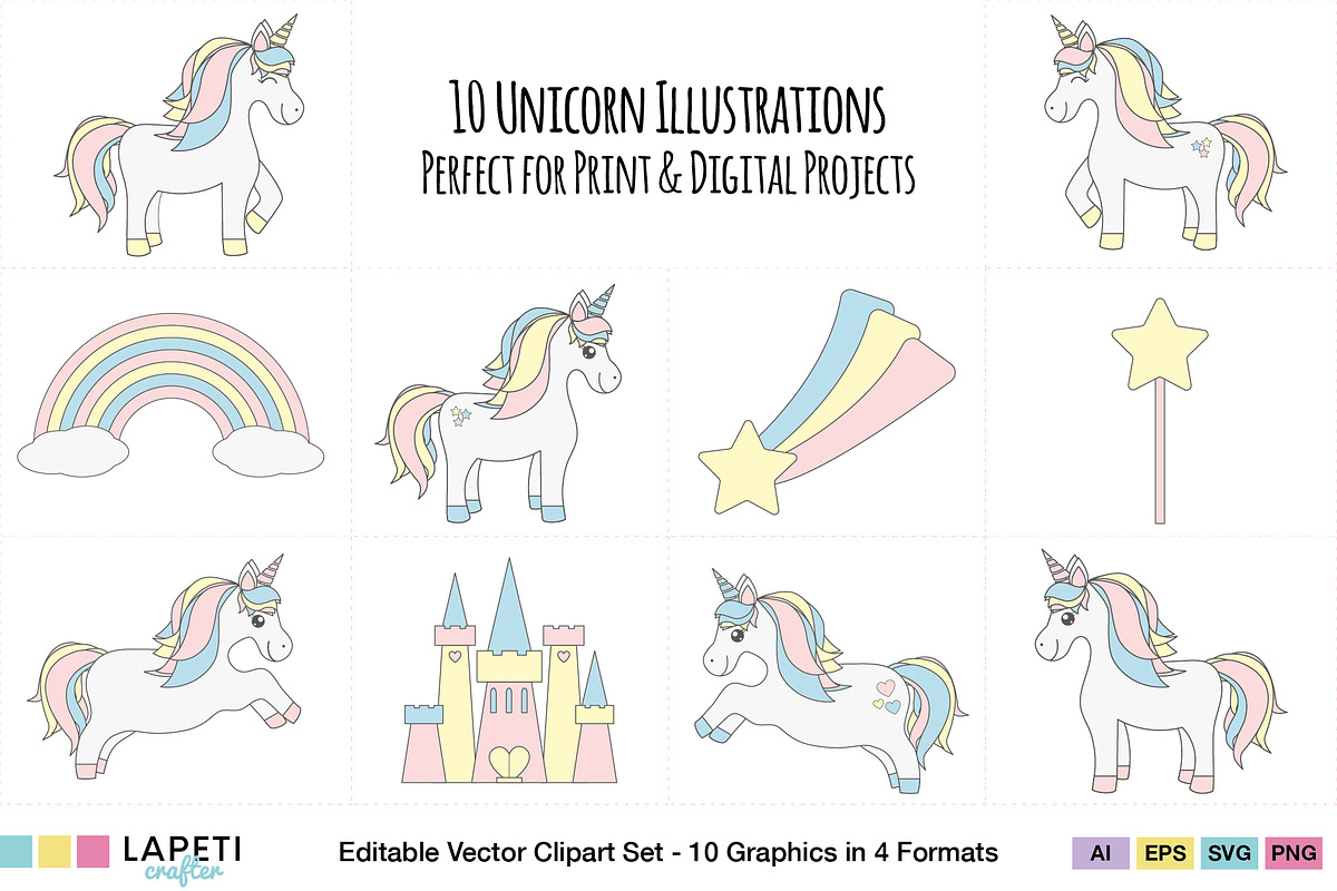 Cute Pastel Unicorn Clipart, an Animal Illustration by Lapeticrafter (Photo 8 of 8)