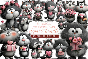 Whimsical Valentine Cats Clipart, an Illustration by DreamArtGraphic