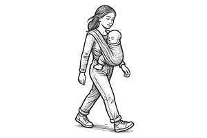 Mother walking with baby in sling, a Person Illustration by AlexArt