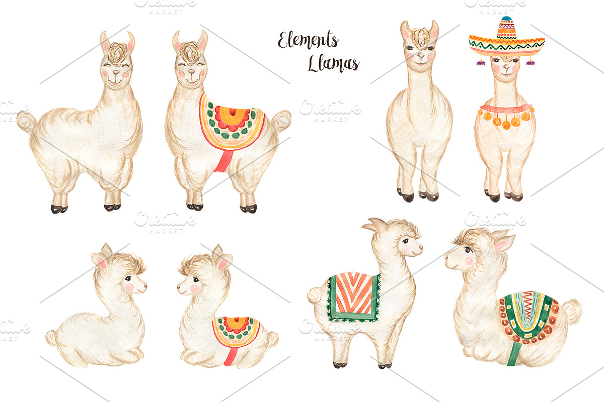 Watercolor Mexican Llamas & Cacti, an Animal Illustration by MayaNavits (Photo 2 of 12)