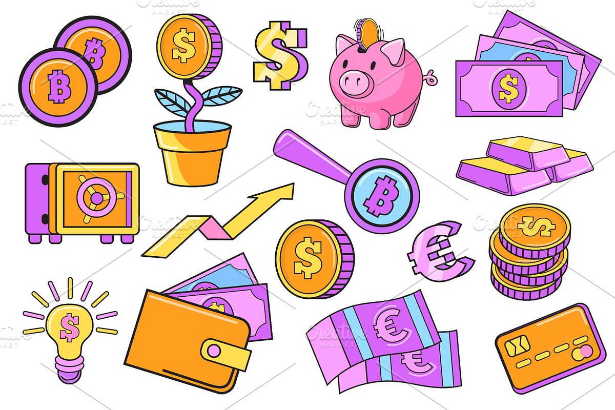 Retro finance stickers. Doodle money, a Finance Illustration by Stock-Smart-Start