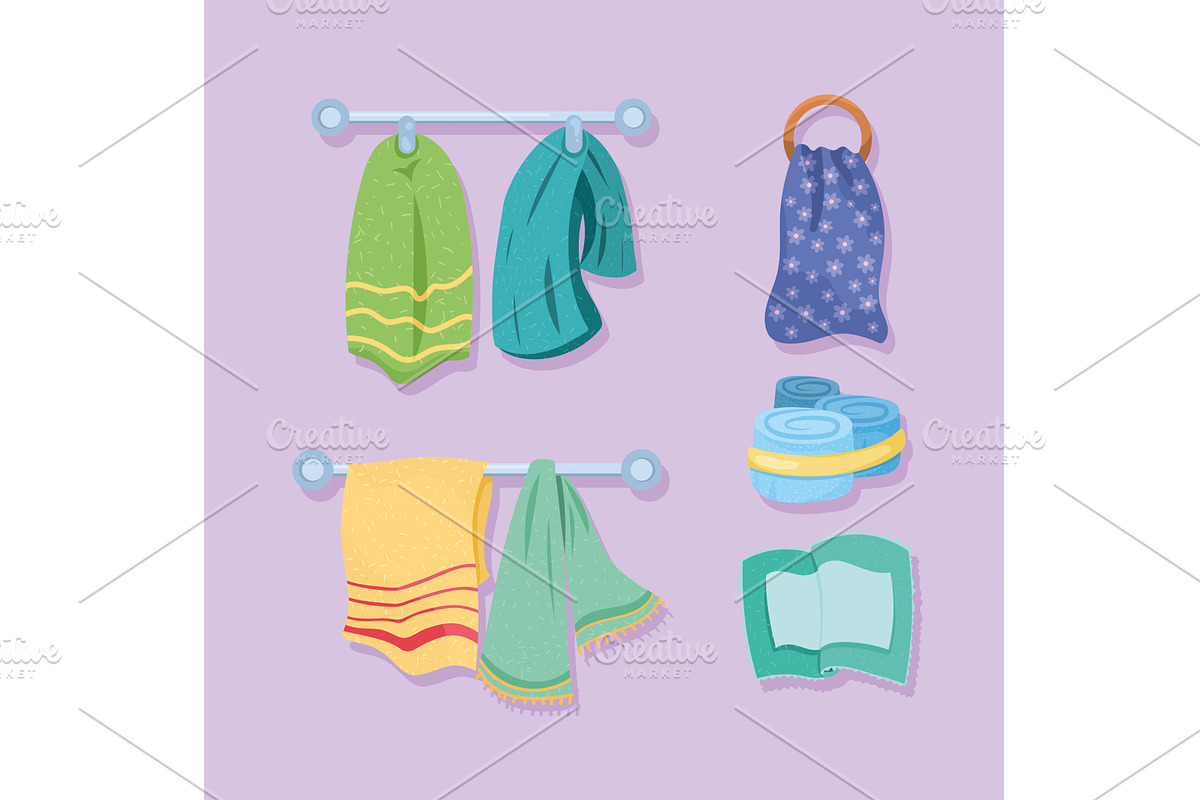 seven towels bathroom icons, an Object Illustration by studiogstock