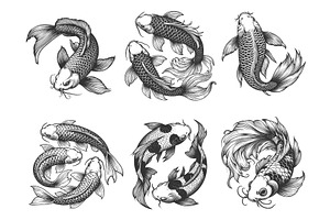 Koi Fish engraving set vector, an Animal Illustration by AlexArt