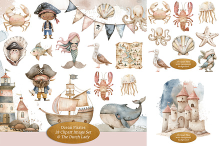 Ocean Pirates Clipart Set, a Decorative Illustration by The Dutch Lady Designs