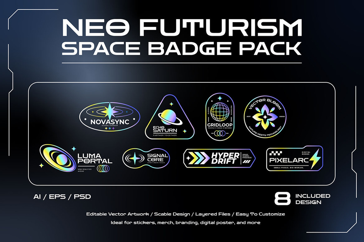 Neo Futurism Space Badge Pack, an Object Illustration by Pitchlook.Studio (Photo 3 of 3)