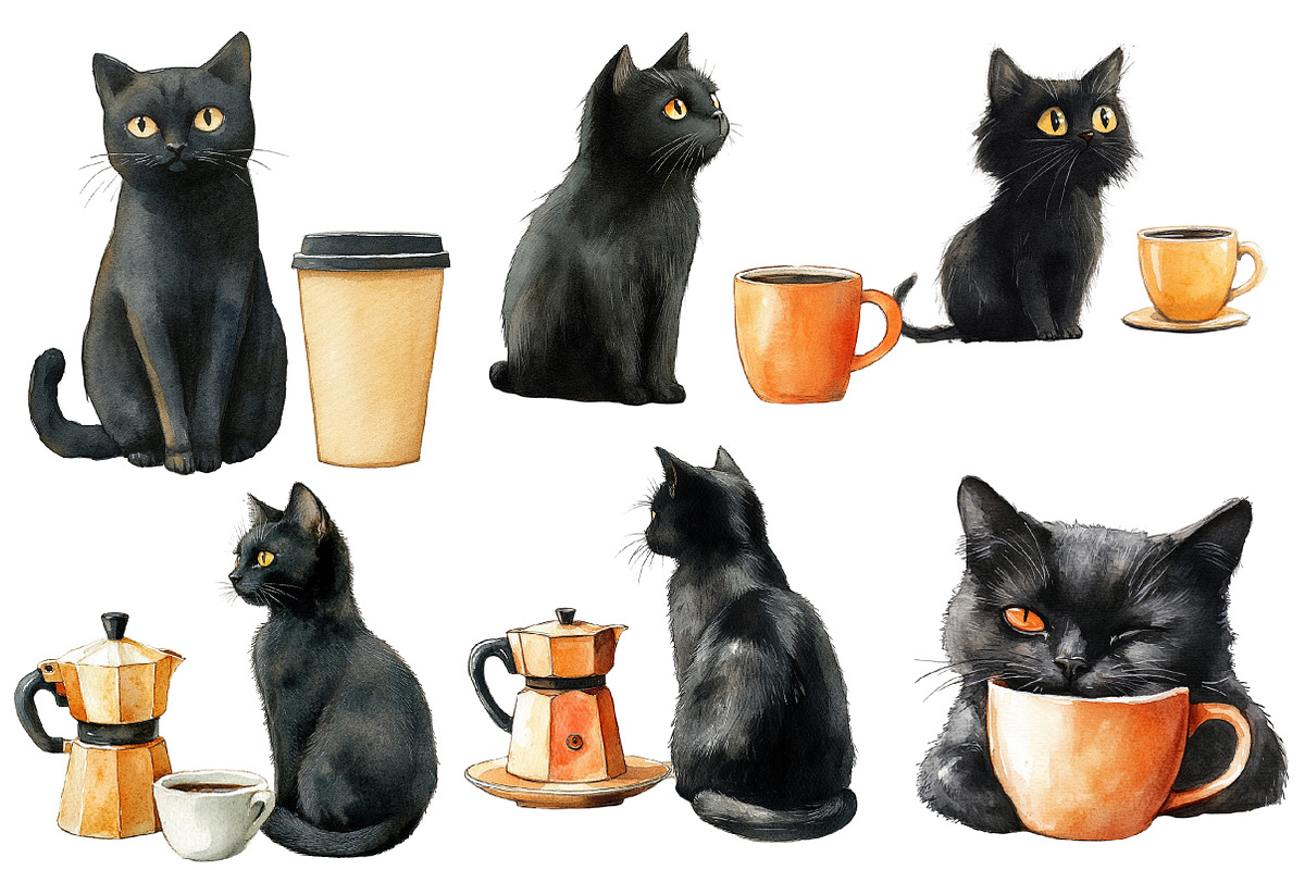 Funny Coffee Black Cat Clipart, an Illustration by Designworld (Photo 2 of 6)