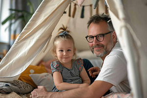 Cute little girl with her father playing in wigwam at home, a Person Photo by AlyaAnd