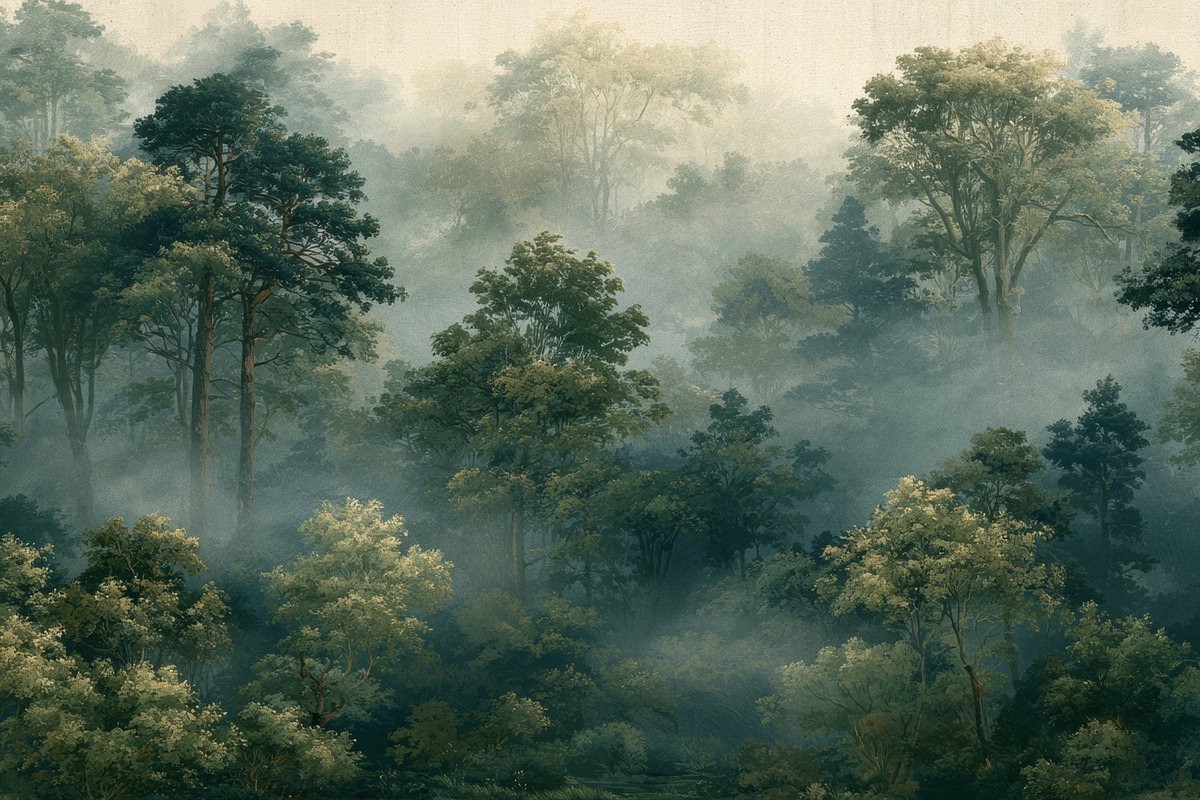 Atmospheric Misty Forest Wallpaper, a Decorative Illustration by Virgo Studio