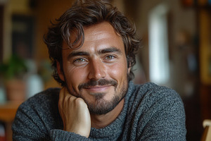 Smiling man sits at a cozy cafe, enj, a Photo by Tanuart