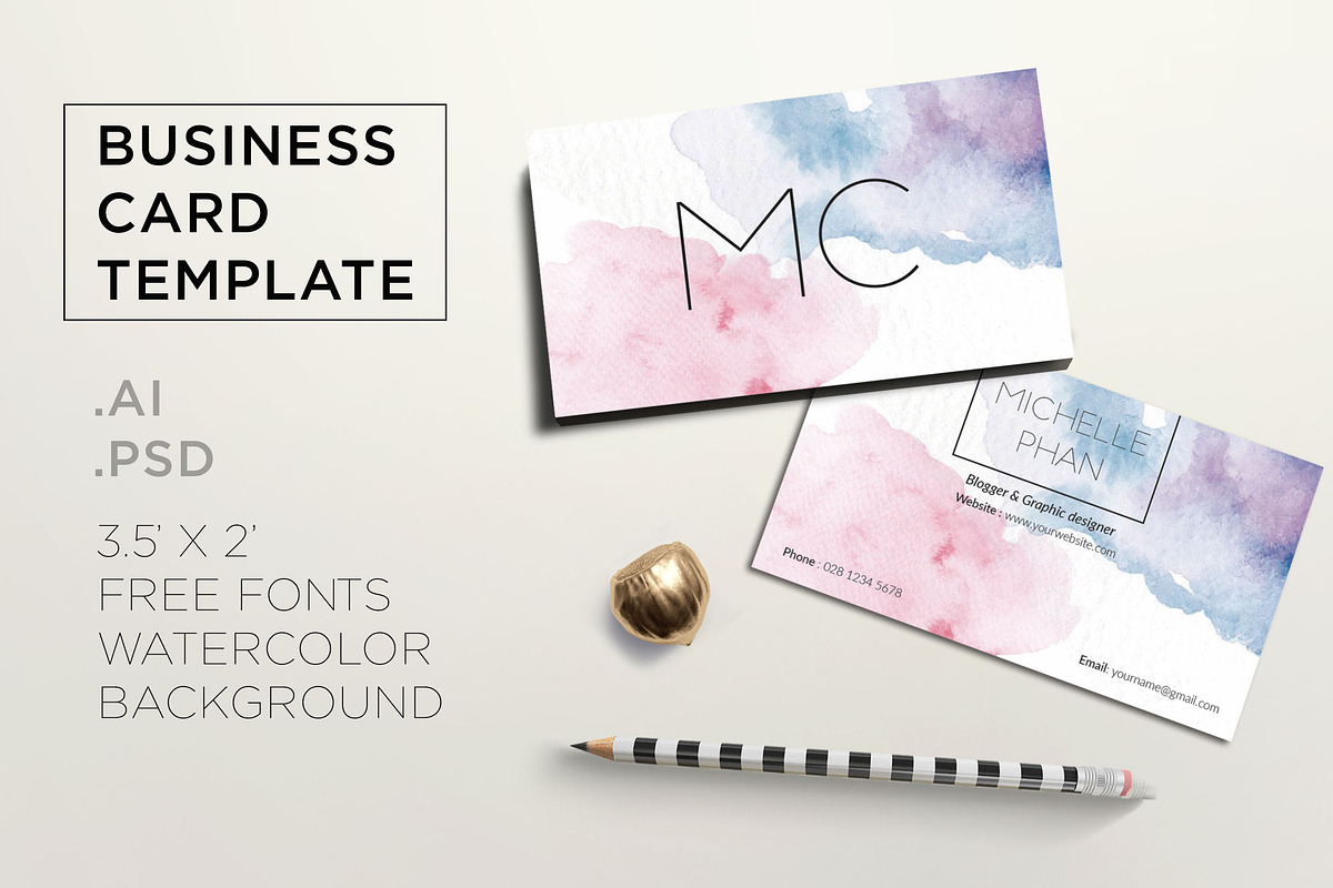 Creative watercolor business card, a Business Card Template by Chic templates (Photo 1 of 3)