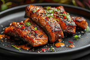 Tasty grilled salmon with spices on plate, a Food & Drink Photo by AlyaAnd