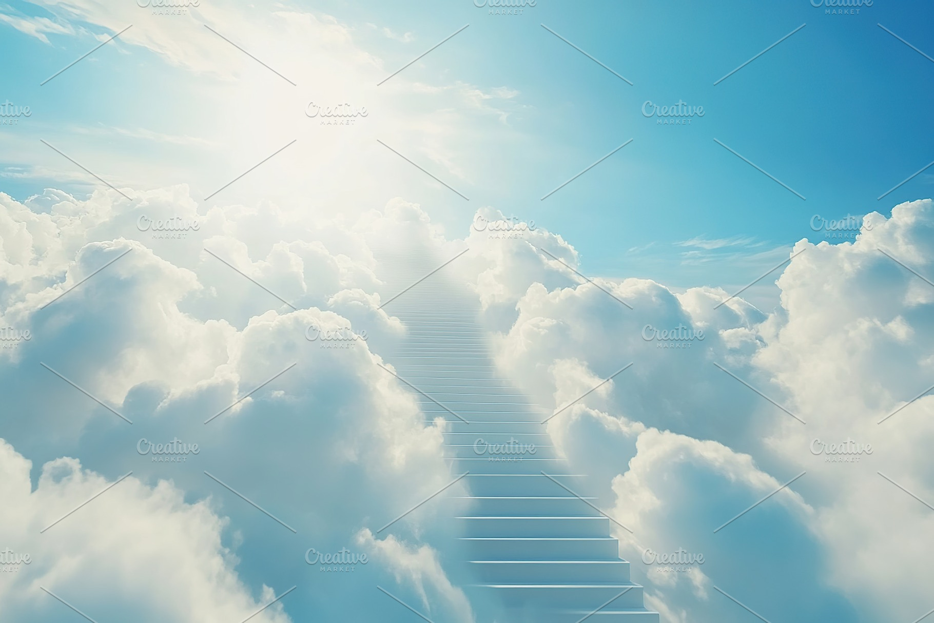 Long stair steps way to heaven through clouds in the sky, a Background Photo by AlyaAnd
