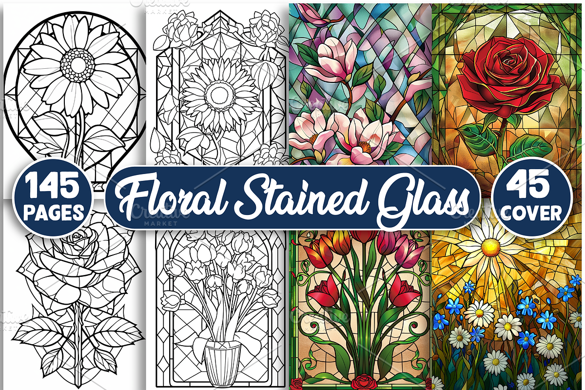 Floral Stained Glass Coloring Page, an Education Illustration by Design Station (Photo 1 of 5)