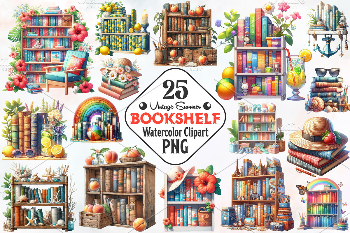 Summer Bookshelf Sublimation Clipart, an Illustration by RobertsArt (Photo 1 of 5)