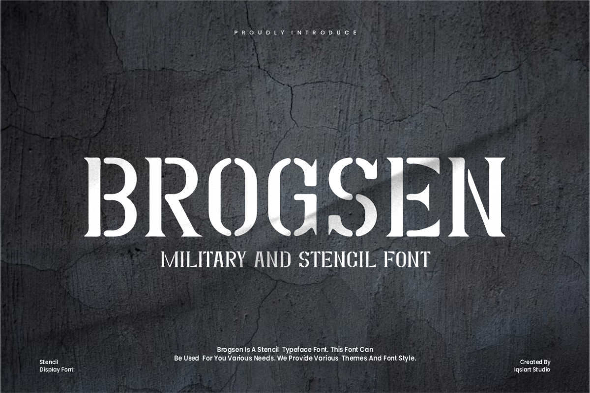 Brogsen - Military Stencil Font, a Serif Font by Iqsiart Studio (Photo 1 of 7)