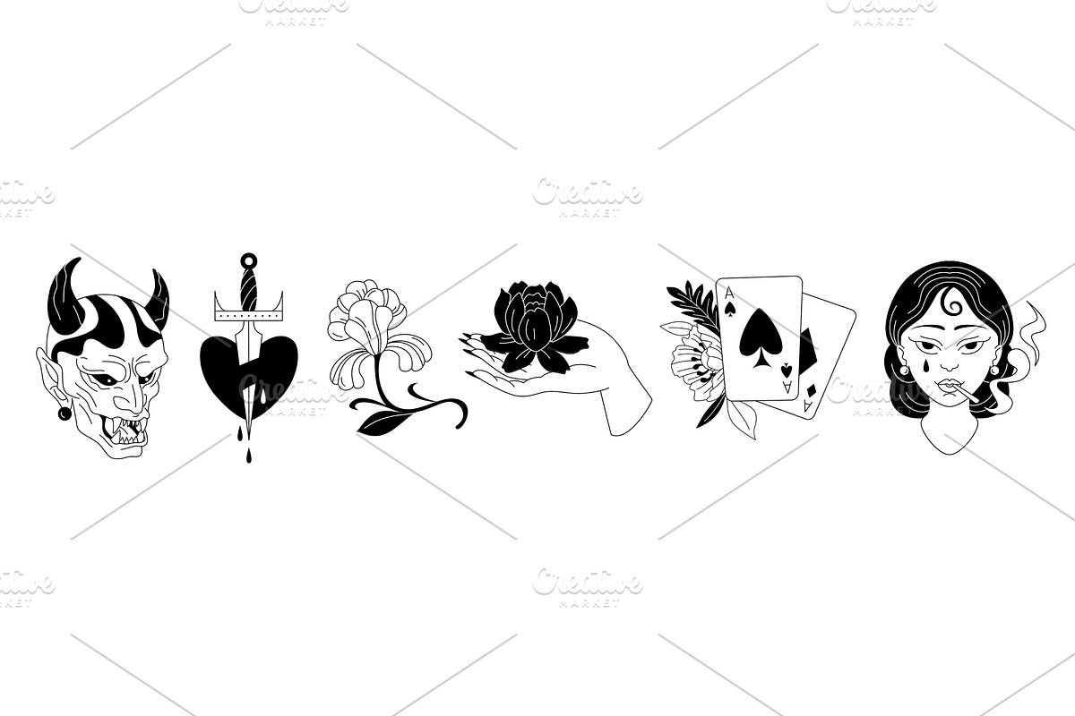 Old school tattoo icons set isolated, an Illustration by art PVP - market