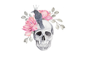 Print With Skull, Crow And Peonies