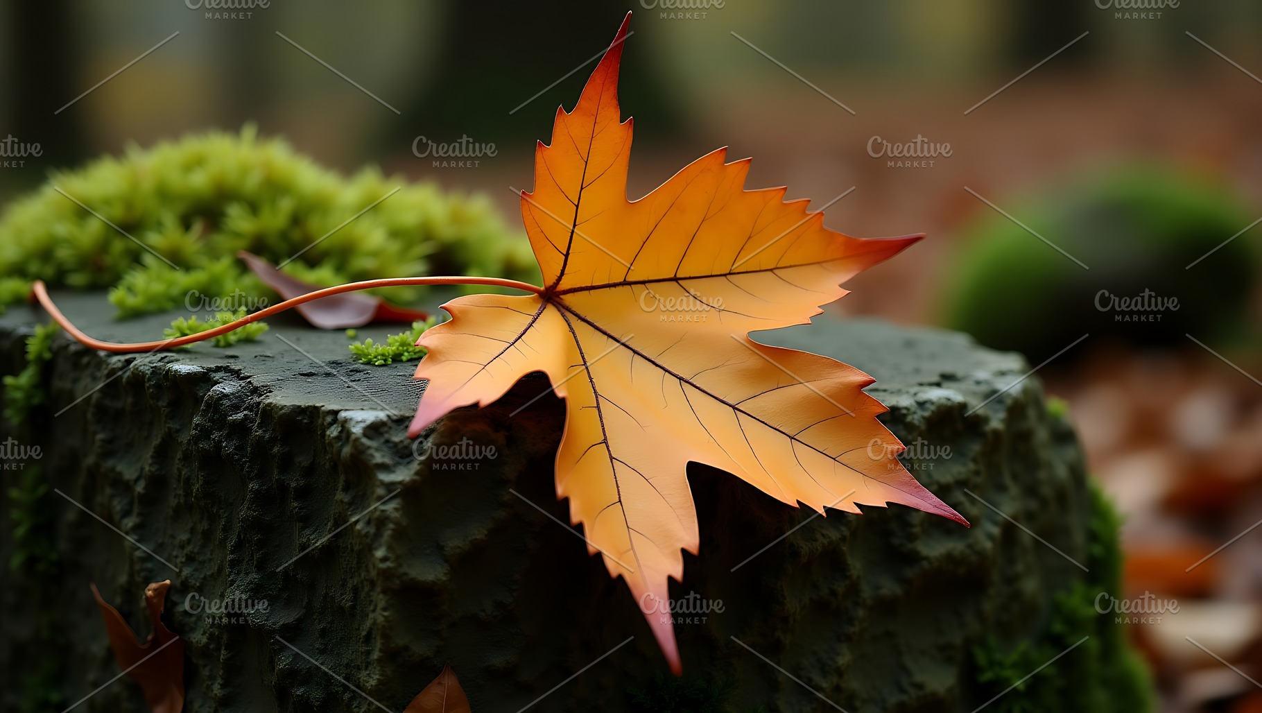 Autumn maple leaf rests on mossy tre, a Background Photo by Artonix