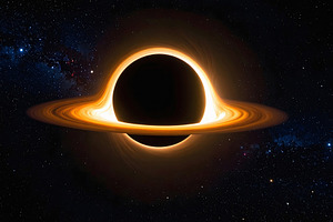 Black hole glowing with bright golden rings in deep space, a Technology Photo by GoodGoods