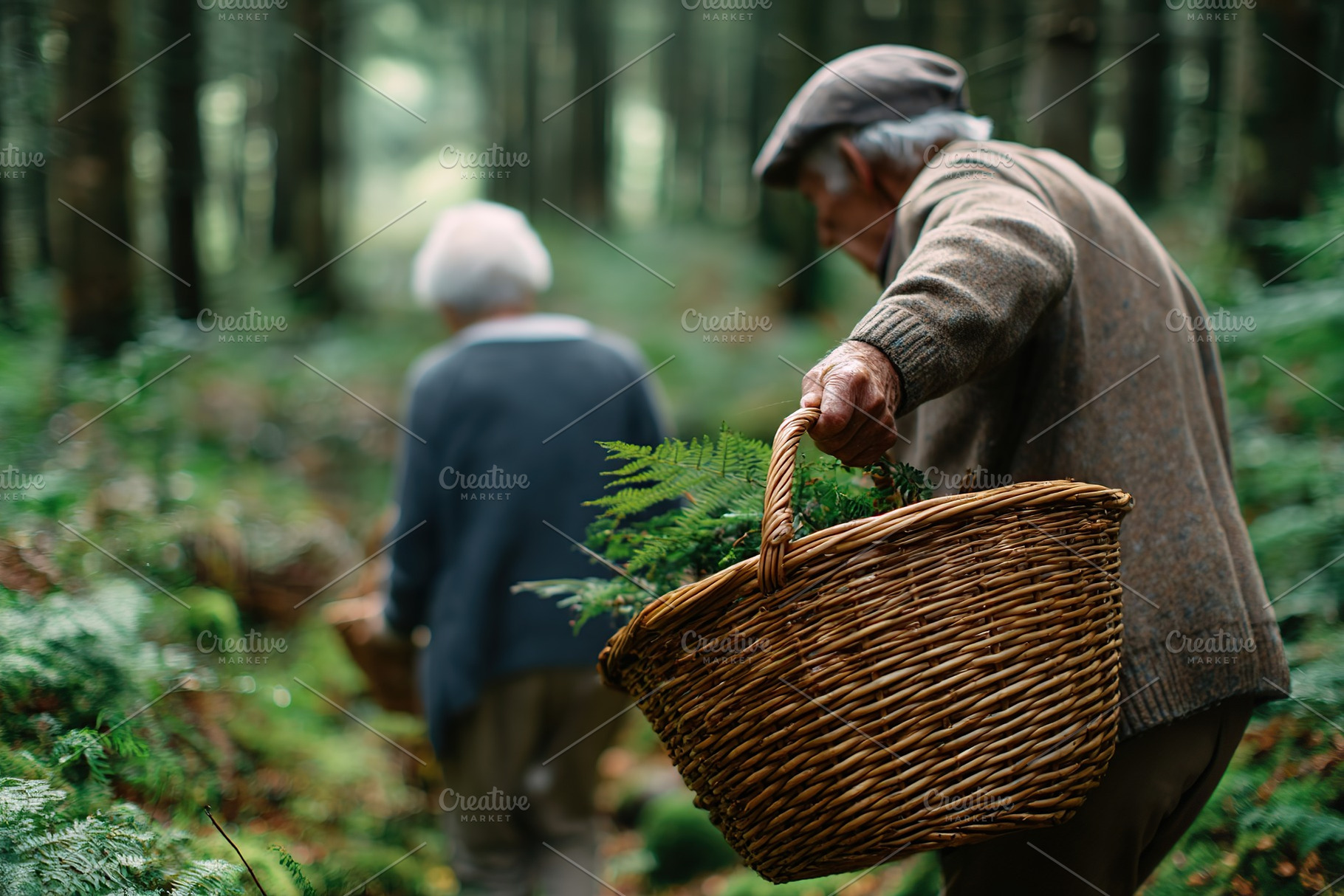 Elderly couple enjoying a peaceful walk in the forest collecting plants in spri, a Person Photo by AlyaAnd