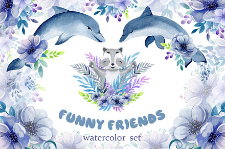 Animals and flowers, watercolor coll