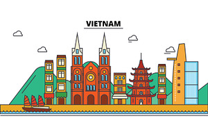 Vietnam, . City Skyline: Architecture, Buildings, Streets, Silhouette, Landscape, Panorama, Landmarks. Editable Strokes. Flat Design Line Vector Illus