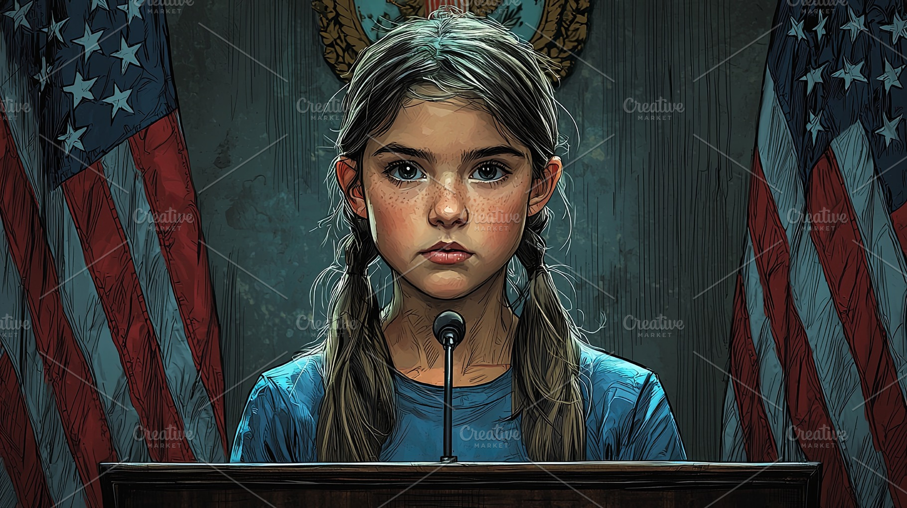 Young girl delivers emotional speech standing at podium with American flags, a Photo by AS photostudio