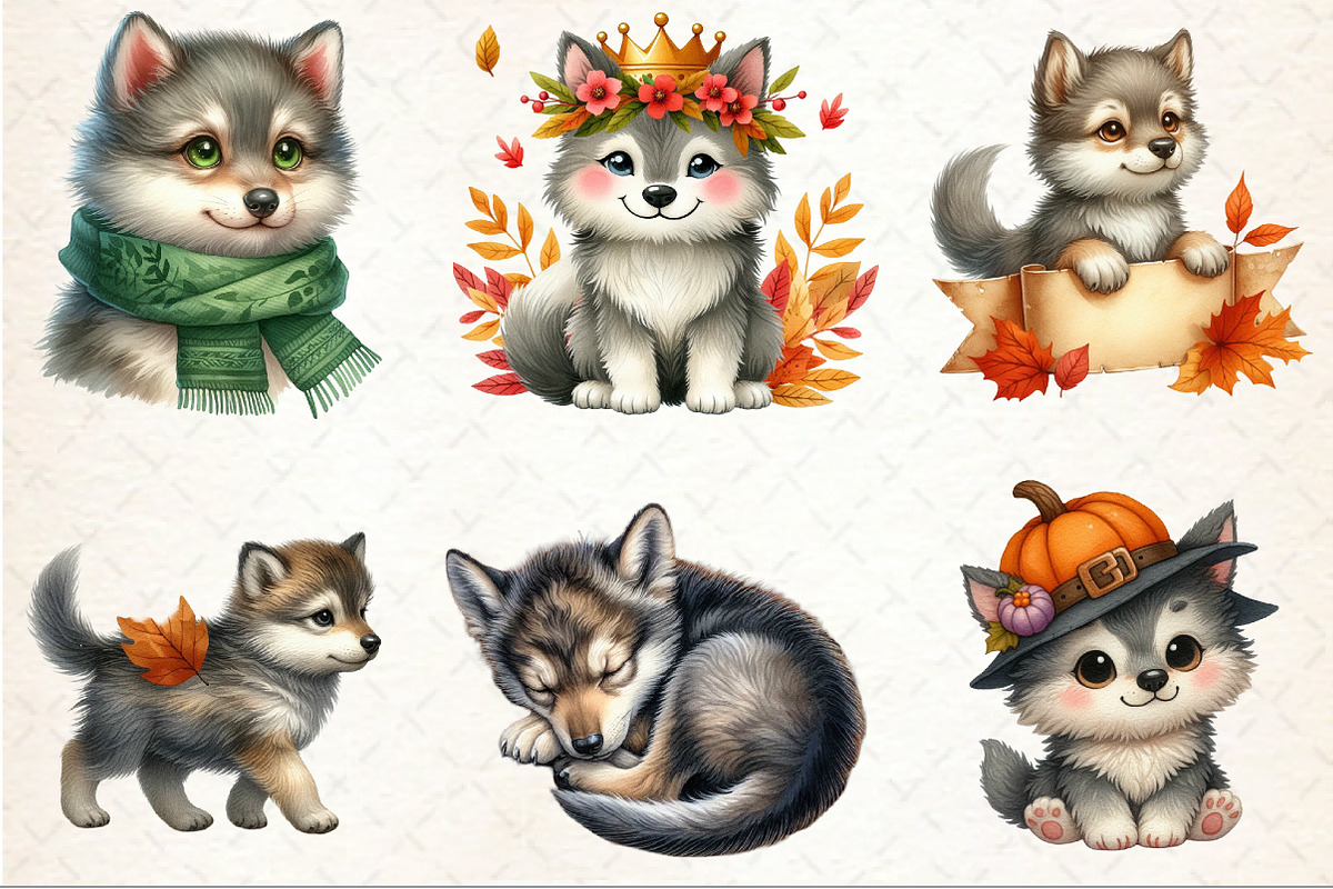Watercolor Fall Autumn Wolf Clipart, an Illustration by Rose Art (Photo 3 of 8)