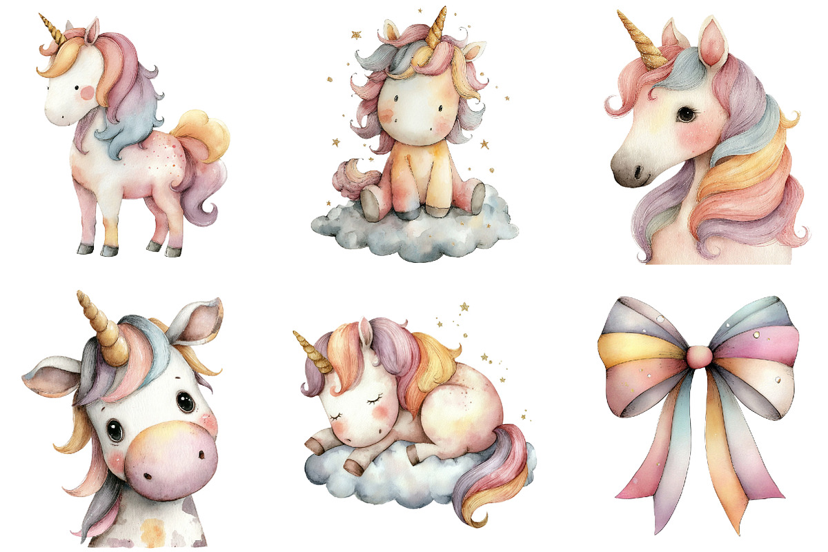 Watercolor Cute Unicorn Clipart, an Illustration by Sublimation Artist (Photo 5 of 7)