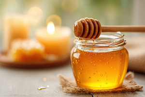 Jar of honey with dipper and candles, a Food & Drink Photo by AlyaAnd