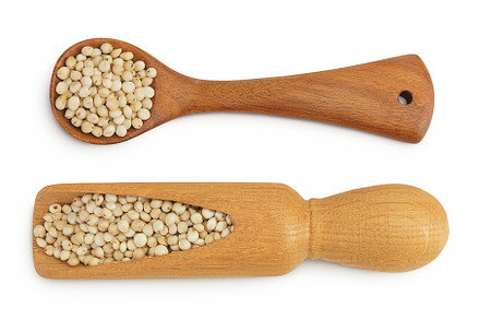 Sorghum seeds in wooden scoop and, a Food & Drink Photo by NataPhoto