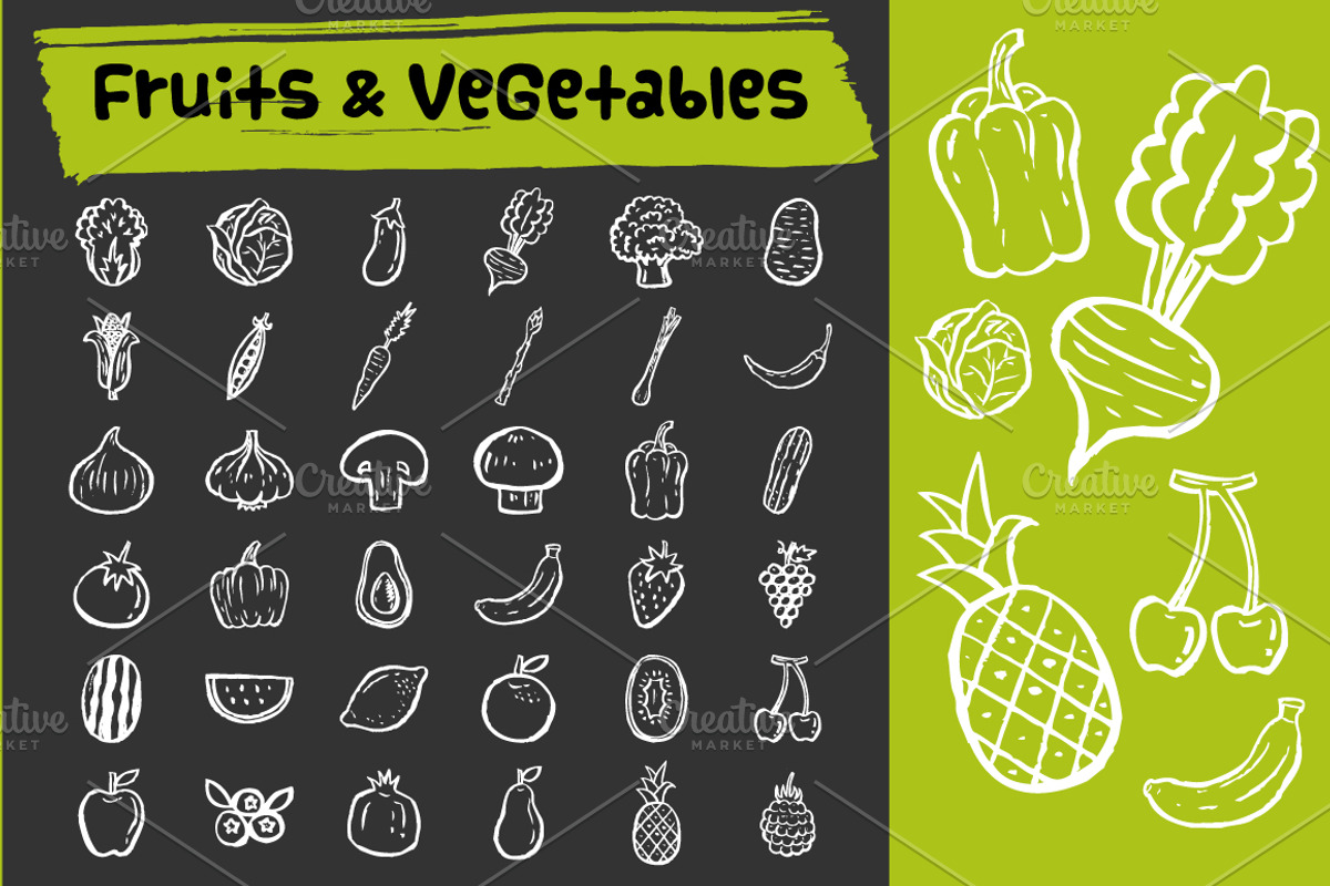 Fruits & vegetables doodle icons, an Icon by faitotoro