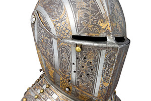 Ancient close helmet made of steel, an Industrial Photo by BOOCYS