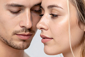 Young couple portrait with close gaze and tender expression, a Person Photo by GoodGoods