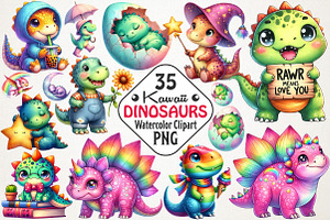 Kawaii Dinosaurs Watercolor Clipart, an Illustration by RobertsArt