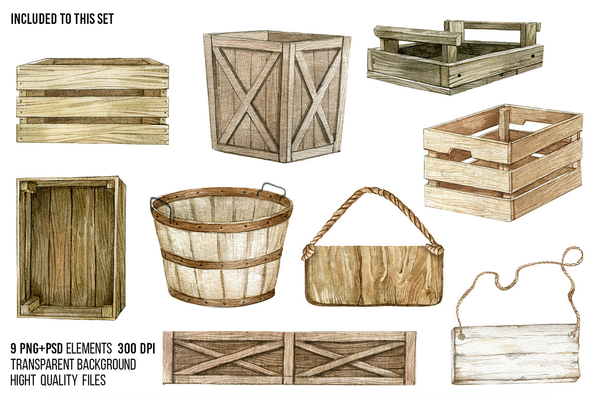 Watercolor empty wooden box clipart, an Object Illustration by yana.fefelova (Photo 2 of 4)