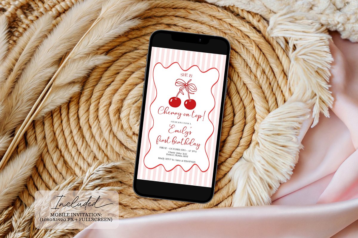 Cherry 1st Birthday Digital Evite, a Templates & Theme by VeliusCreativeStudio (Photo 2 of 3)